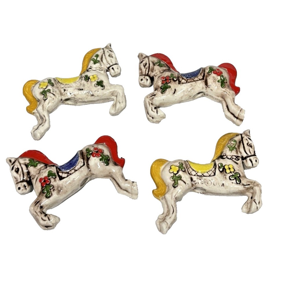 Lot 4 Vintage Gigi USA Ceramic Horse Ornaments 3D Hand Painted Red‎ Yellow Retro